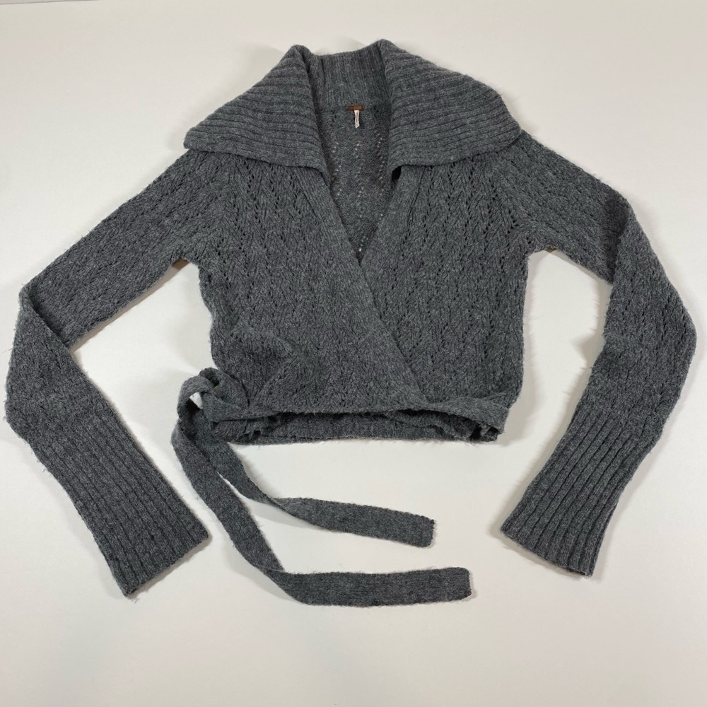 Free People Sweater Large Wool Blend Cardigan Wrap Tie Collar Boho